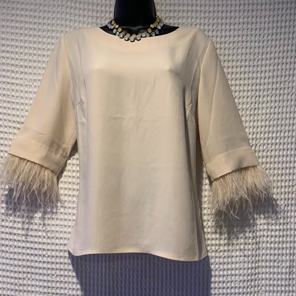 NEW Ann Taylor Cream 3.4 Sleeve Top with Feather Sleeve